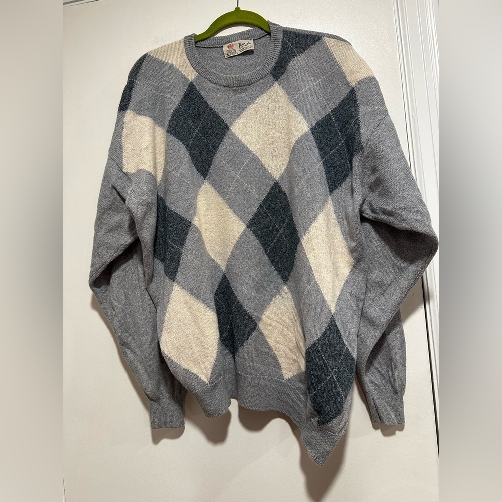 VTG 80s Pringle Scotland Dusty Blue Argyle Wool Blend Knit Golf Sweater Mens XL.